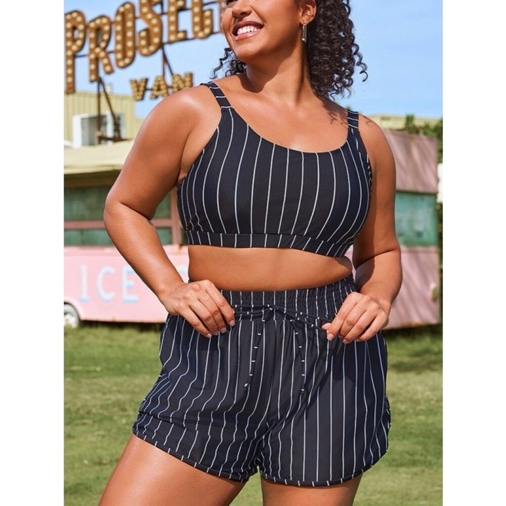 NWT Meet Curve 2Pc Swim Set Size XL Black Pinstripe Sporty Top & Pull On Shorts